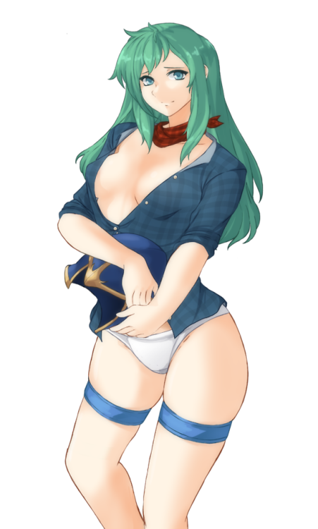 A commission of Nephenee in an unbuttoned flannel shirt.