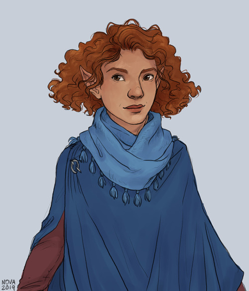 [ID: a digital drawing of a d&amp;d gnome woman from the waist up. she has chin-length curly red