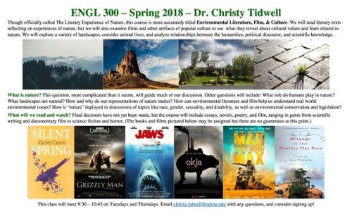 Environmental Literature, Film, & Culture course: Spring 2018 This coming spring, I am scheduled