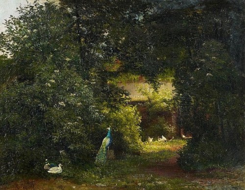 Carl Jutz the Elder, “Forest Landscape with Peacock”