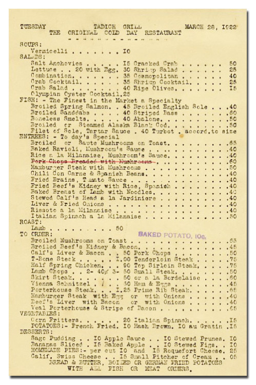 Menu, Tadich Grill, San FranciscoDate: March 28, 1922Source: California Historical Society, Californ