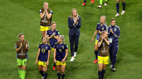 Players of Sweden look dejected after the match vs. Netherlands