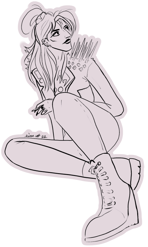 lineart sketch of a man with long hair in a messy bun, high heeled boots, spiky jacket
