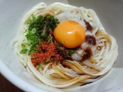 udonangya:  氷見うどんで、おろし醤油うどん。  Grated daikon radish and soy sauce udon with egg. 