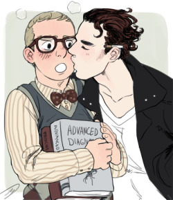 bearsbones: Greaser Sherlock stealing a kiss