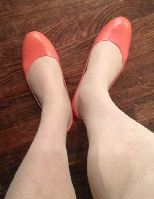 Coral Liz Claiborne flats and Nude Sheer-To-The-Waist pantyhose. 