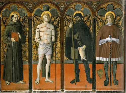 Marchigiana School, Polyptych depicting Saint Anthony of Padua, Saint Sebastian, Saint Roch and Sain