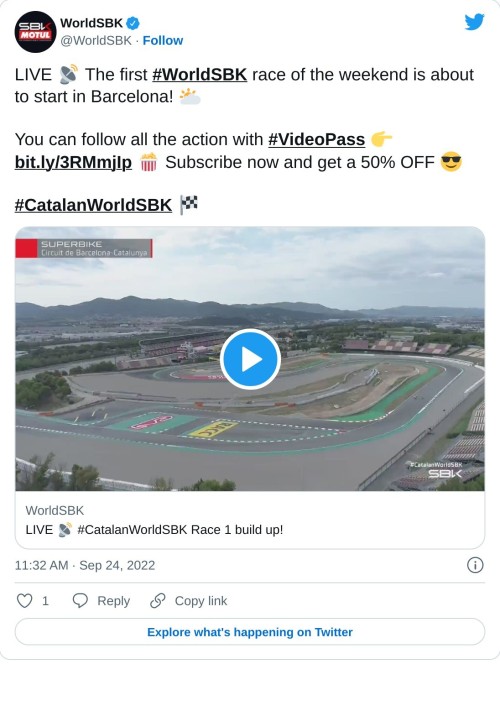 LIVE 📡 The first #WorldSBK race of the weekend is about to start in Barcelona! 🌥  You can follow all the action with #VideoPass 👉 https://t.co/vfUKh0z3xg 🍿 Subscribe now and get a 50% OFF 😎 #CatalanWorldSBK 🏁 https://t.co/DIimy4U8G3  — WorldSBK (@WorldSBK) September 24, 2022