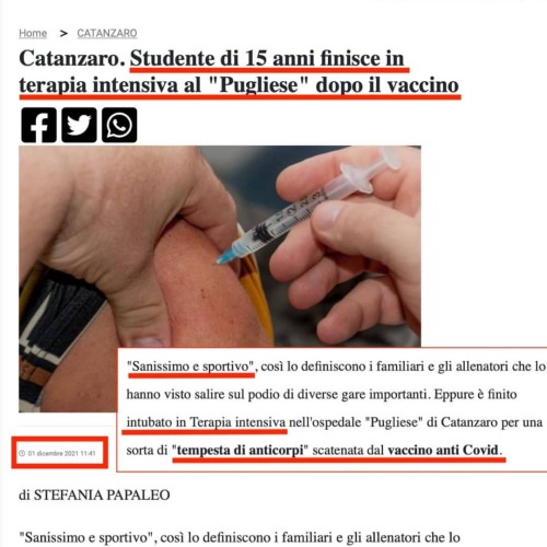 #Telegram #NessunaCorrelazione 01.12.21 - Catanzaro 15 Sano TI Tempestaccino
Catanzaro. Studente di 15 anni finisce in terapia intensiva al “Pugliese” dopo il vaccino bit.ly/3Dap91x
Entra nella Chat di Nessuna...