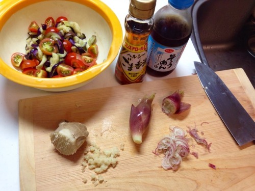 Picked eggplants and mini tomatoes at backyard, so made a hiyamugi noodle with it. Microwave chopped