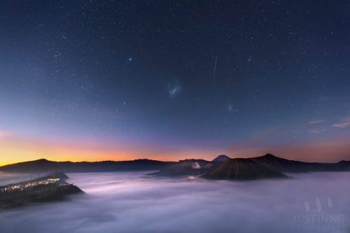Dawn galaxies over Mount Bromo.Bromo is a 300 metre volcanic cinder cone on the edge of the 800,000 