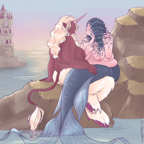 ogrefairydoodles: Time for a little gay fantasy romance[ID: a digital painting featuring a unicorn w