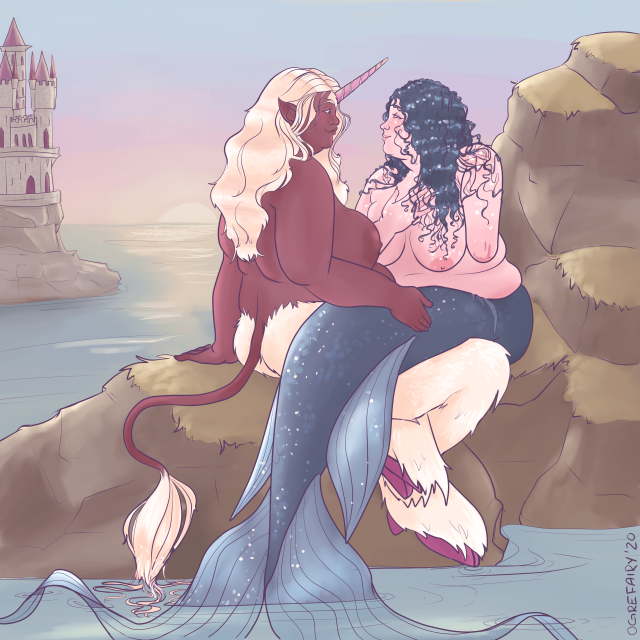 Time for a little gay fantasy romance [ID: a digital painting featuring a unicorn woman with a mermaid in her lap. They are...