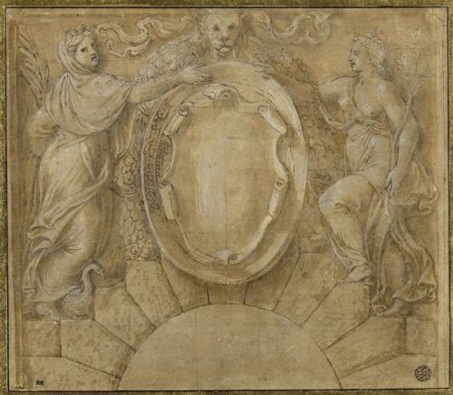 Giulio Romano (Italian; ca. 1499–1546), attributed toTwo Decorative Designs (undated drawings)(above