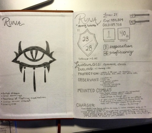 These were my character sheets and journal I had for my first DnD character, Runa Wrighte, a human c