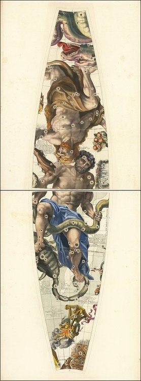 Hercules, Ophiuchus and Ara constellations, pair of celestial globe gores (1693) by Vincenzo Maria C