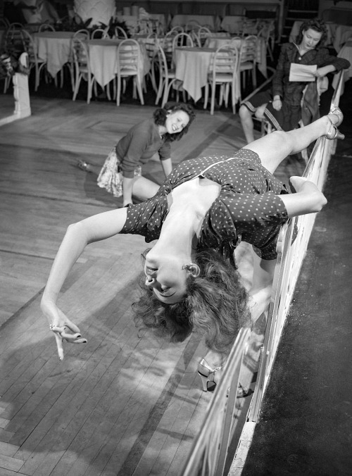 Ginny Wilson, a member of the “Samba Sirens,” limbering up at the Copacabana, 1942