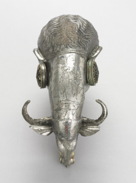 virtual-artifacts:Rhyton: The Buffalo-Slayer Goddess.SilverSasanian, 600 - 700 AD.