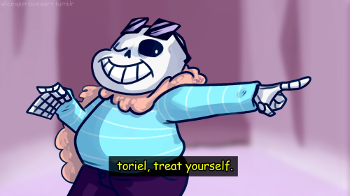 aliceapprovesart:  TREAT YO SELF to Undertale Even though Mettaton would more likely be Tom Haverford, Toriel and Sans hanging out makes me happy and I decided to TREAT. MYSELF. Dialogue and scenario from the Parks and Rec ep: “Pawnee Rangers” 