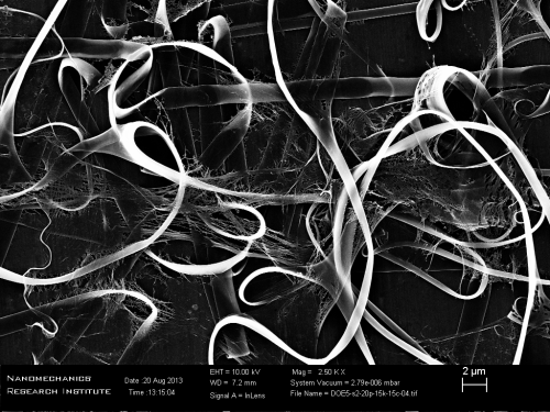 bipedaltothemetalgear: SEM imaging of our newly electrospun nanofibre composites. Fibre diameters f