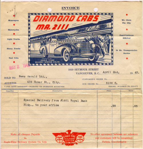 illustratedvancouver: Unpublished draft #2: Here were have an illustrated invoice for Diamond Cabs, 