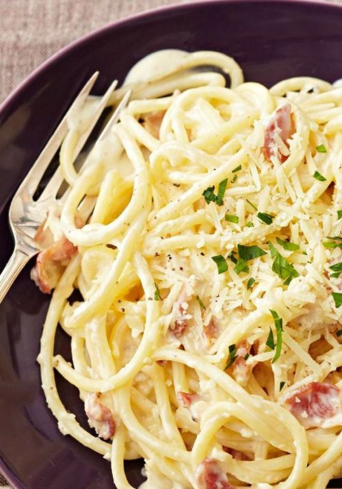 kraftrecipes:Pasta Carbonara Bacon, Parmesan and PHILADELPHIA Cream Cheese are the stars of this del