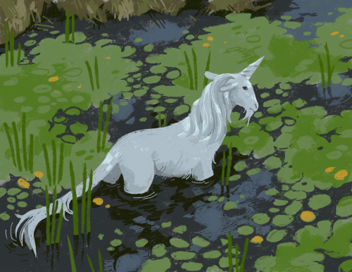 moldspace:unicorn in swampinspired by these borzoi photos[image id: a small, goat-like unicorn wading through a pond. the surface of the water is covered in water plants with reeds sticking up throughout] #I wish I could draw
