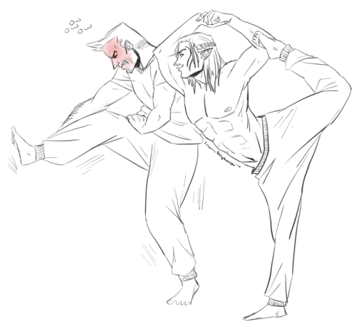 kay-jo-mackie:That’s the best you can do, Alistair? Tsk. Zevran and Alistair doing yoga suggested by