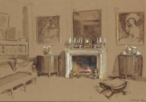 Chimney fire in an interior  -   Walter GayAmerican,1856-1937Charcoal, watercolour and gouache,  26.