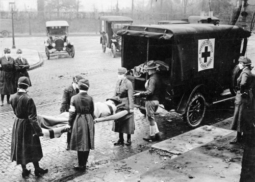 Red Cross Motor Corps members on duty during the influenza epidemic in the United States, in St. Lou