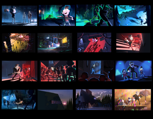 jeffreythompson:  One of my first jobs when I joined the team on Gravity falls was to experiment with some color keys for the season premiere of season 2. I’m happy to say most of it made it all the way through to the final cut. Some changes were made