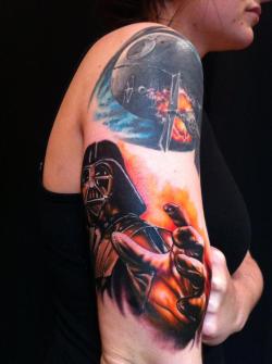 fuckyeahtattoos:  New Addition to my sleeve. Couldn’t be more in love with my Darth Vader. Artist: Mike Johnston at Sin Alley in Pawtucket, Rhode Island his instagram is: mikejohnstontattoo go check him out! 