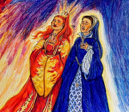 Melisandre and Selyse. They stand close to one another, Melisandre in red hanfu-style robes with golden flames at the shoulders, cuffs, and coming up from the hems. Selyse wears a blue Tudor-style gown including a French hood. Her underskirt has a pattern of blue flowers and a silver pendant with a fox on it hangs from her waist. Melisandre's hands are hidden in her sleeves, she smiles slightly and gazes towards the fire. Selyse's eyes are closed and her mouth is open, rapturous. Selyse's hand is pressed to her chest, beneath her fingers is a heart shaped brooch. Melisandre has a tall guan in her hair that looks like flames, gold earrings, and a red necklace. Selyse wears a lot of gold and yellow jewelry. The background is blue, but Selyse and Melisandre are outlined in yellow, and reds and yellows approximate flames on the left side of the picture, the direction they are facing.