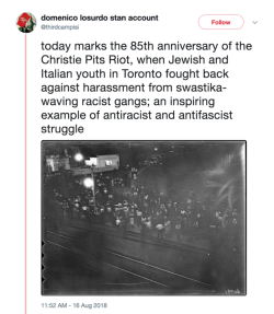 and-the-story-goes-like-this:  onpoli:   From the Canadian Museum for Human Rights: On the night of August 16, 1933,  after a softball game at Toronto’s Christie Pits Park, a gang of young  men unfurled a white banner. On it was a black swastika, symbolic