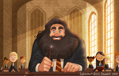 justanotherdrarryblog:lulusketches:Hagrid going back to Hogwarts after the war, and Harry taking him