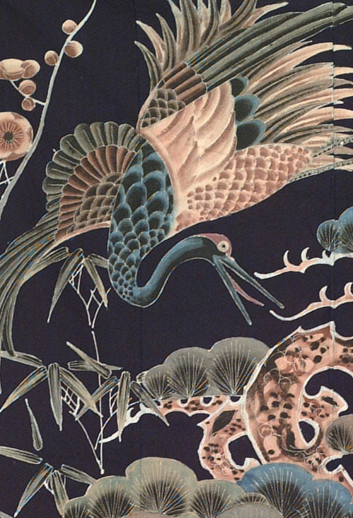 yorkeantiquetextiles: Detail of A Tsutsugaki Futonji created with free-hand rice-paste resist on in