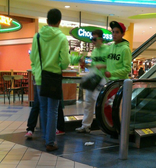 witchcraftdinner:  The leader of this group of guys wearing identical “swag” jackets caught me taking a picture of them. 