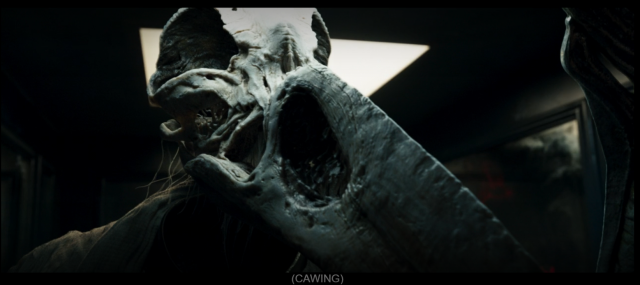 screenshot of the head of the previous mummy/bird thing. It appears to be skeletal. Subtitles on the screen read '(CAWING)'