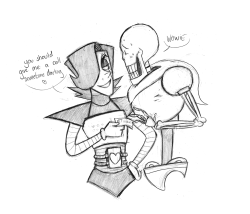 cartoonnutter:  and so begins the decent into Papyton hell. also I know Mettaton is actually taller than Papyrus shhhhh bonus: Sans aint having your tomfoolery Mettaton. 