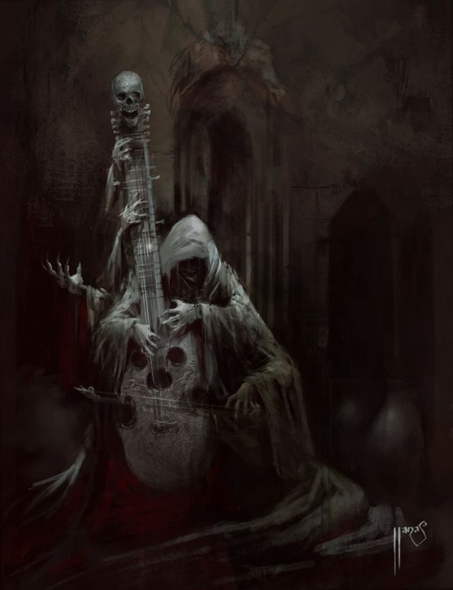 Tome of Shadows: Dirge - original, by Ian Llanas, via ianllanas.com. #illustration#weird art#ian llanas#musician#hooded#many arms#skull#macabre#dark art