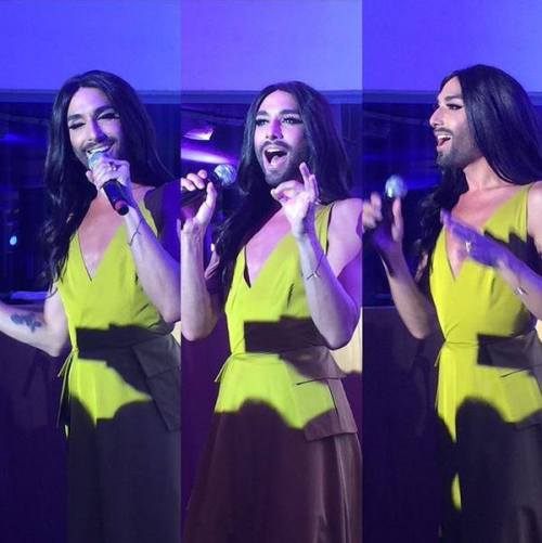 August 21, 2015Conchita at the Mágico Festival Ibiza in a dress from Portuguese designer Luis Carval