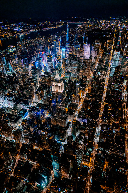 New York City at night via helicopter.