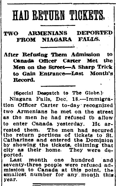 “Had Return Tickets,” Toronto Globe. December 19, 1910. Page 04.—-Two Armenians Deported From 