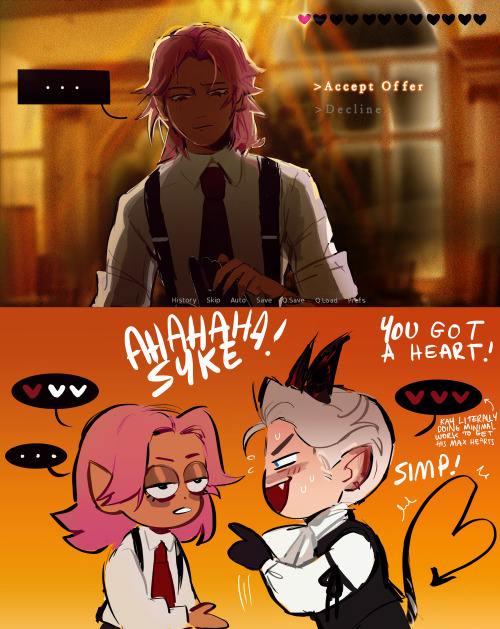 dump of my oc (dating sim demon???) and colkie’s oc (pink &hellip;.pink&hell