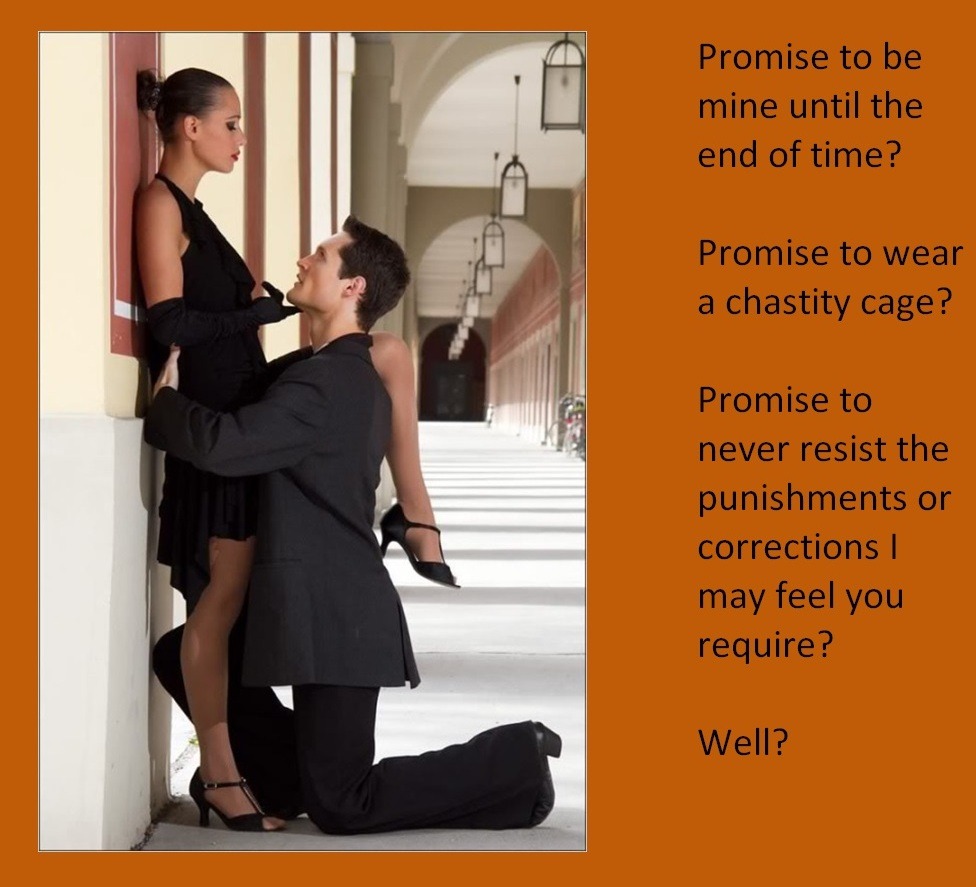 Promise to be mine until the end of time?Promise to wear a chastity cage?Promise