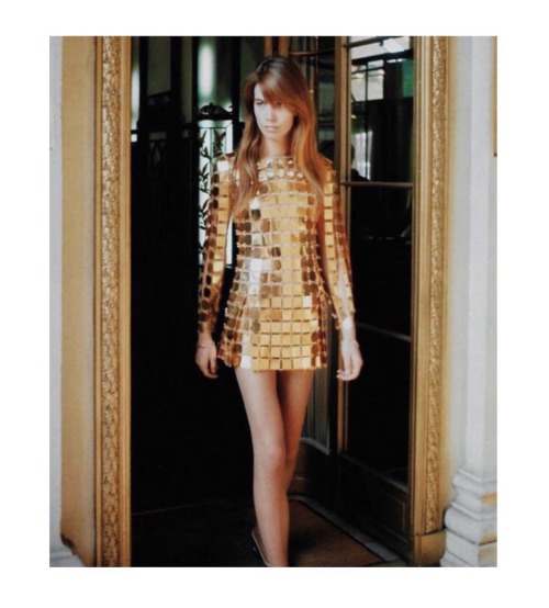 Françoise Hardy in a gold Paco Rabanne dress, 1967