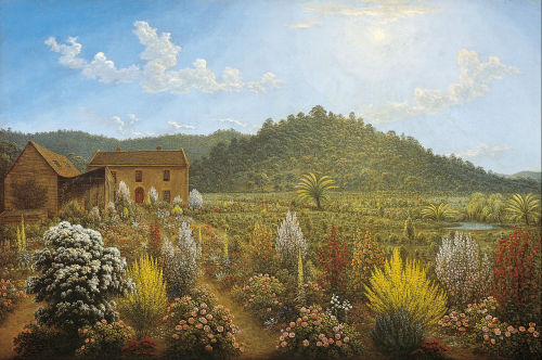 A view of the artist&rsquo;s house and garden, in Mills Plains, Van Diemen&rsquo;s Land