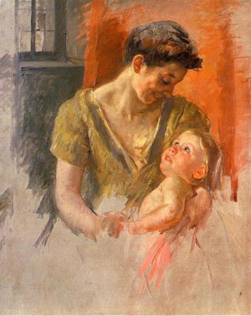 artist-cassatt:Mother and Child Smiling at Each Other, 1908, Mary CassattSize: 92.71x73.66 cmMedium: oil on canvas