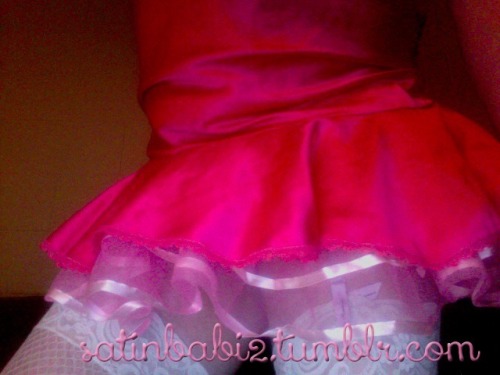 satinbabi2:Showing off my girly cock in pink satin and frilly tutu slip.