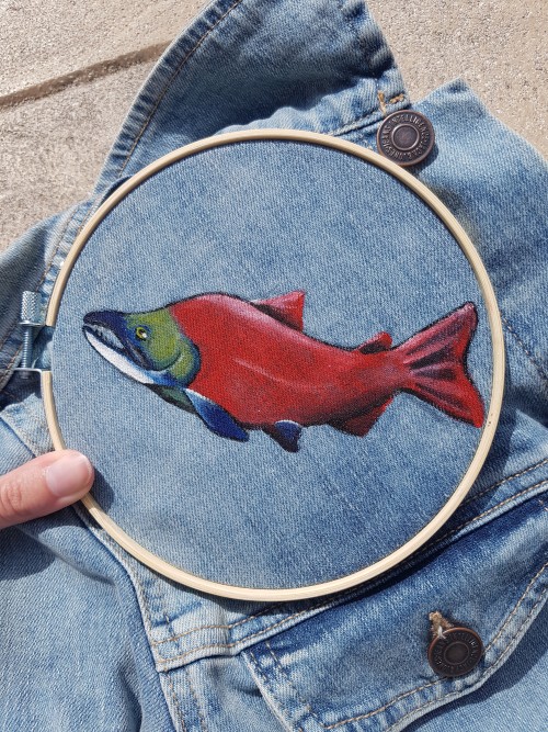 !!! :D I Finally Started On My Salmon Themed Denim Jacket! I Used Castle Arts Acrylics, Acrylic Medium